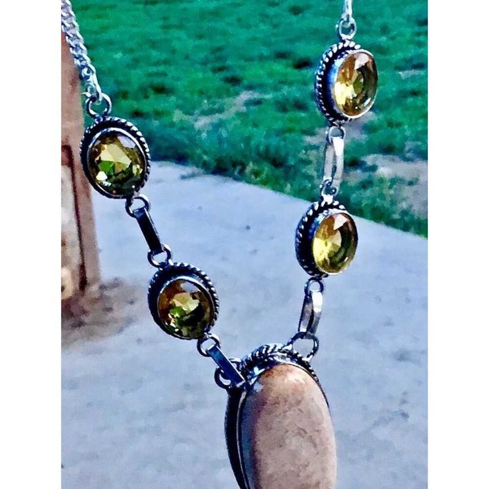 Picture Jasper & Citrine Pendant – 925 stamped Boho Necklace